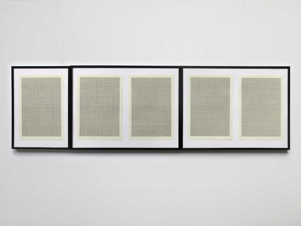 Claude Closky, ‘Hi Hi Hi,’ 2014, pages 95-99 cut out from ‘The Drawer’ (Paris) volume 7, 3 black standard frames (one 29,7 x 21 cm, two 30 x 40 cm), 31 x 104 cm.